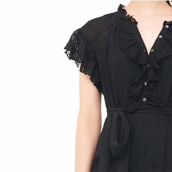 Rebecca Taylor Black Dree Silk Blend Eyelet Ruffle Mini Dress Size 12 - Picture 12 of 12